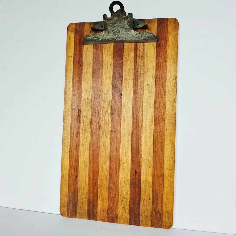Vintage Wooden Clipboard Vertical Striped Pattern Industrial Metal Clip Rustic
